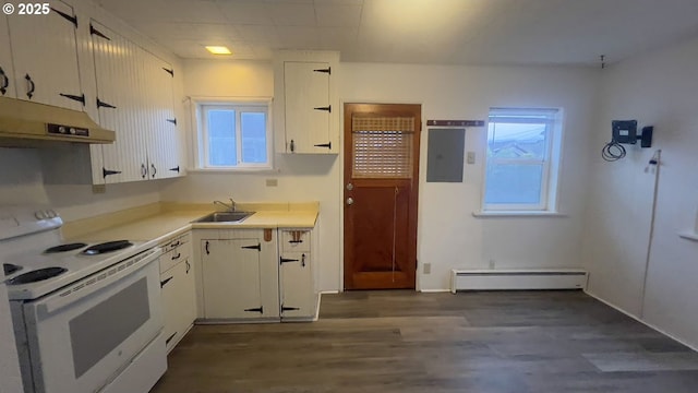 kitchen featuring electric panel, baseboard heating, white electric range, under cabinet range hood, and a sink