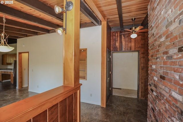 hall with beamed ceiling, brick wall, and wooden ceiling