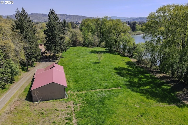 drone / aerial view with a water and mountain view