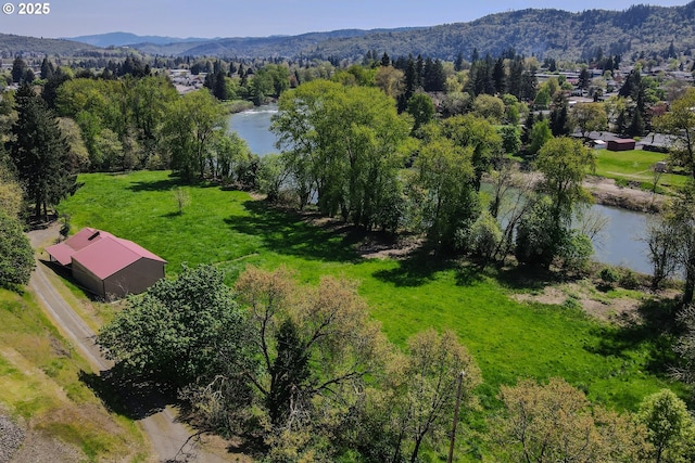 aerial view featuring a wooded view and a water and mountain view