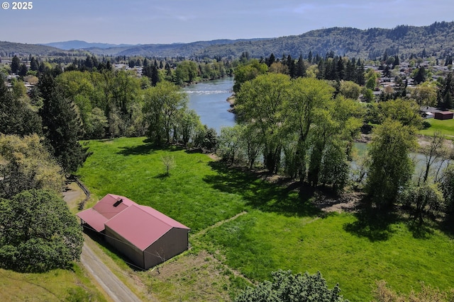 birds eye view of property featuring a wooded view and a water and mountain view