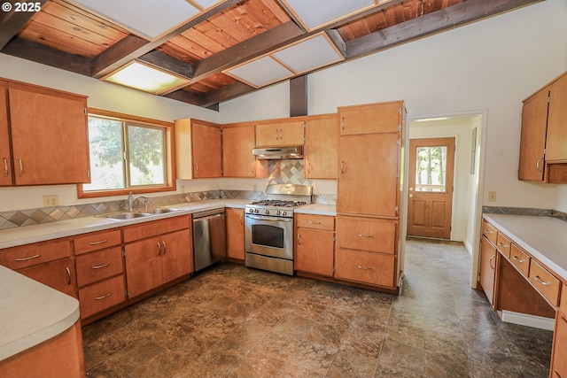kitchen with stainless steel appliances, a sink, wood ceiling, light countertops, and under cabinet range hood