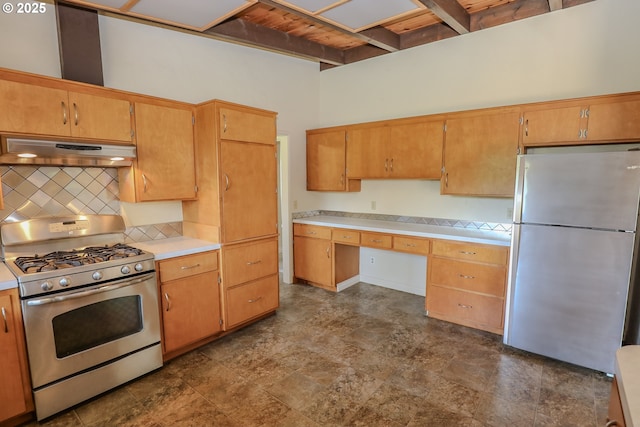 kitchen with decorative backsplash, appliances with stainless steel finishes, light countertops, under cabinet range hood, and beam ceiling
