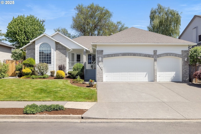 ranch-style home with a garage, concrete driveway, brick siding, and a front yard