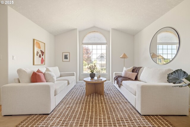 living room featuring vaulted ceiling and carpet floors
