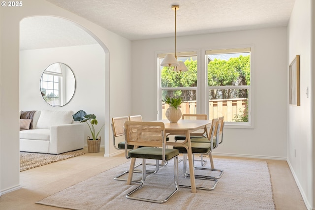 carpeted dining room featuring arched walkways, plenty of natural light, a textured ceiling, and baseboards