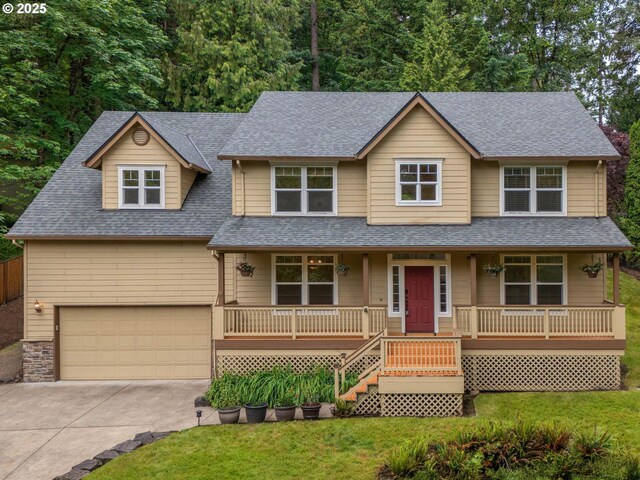 3165 SW Garden View Ave, Portland, OR 97225 - view of front facade featuring a porch, driveway, roof with shingles, a front lawn, and stairway