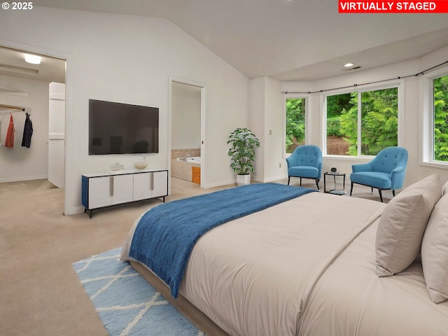 3165 SW Garden View Ave, Portland, OR 97225 - bedroom featuring lofted ceiling, light colored carpet, baseboards, and ensuite bathroom