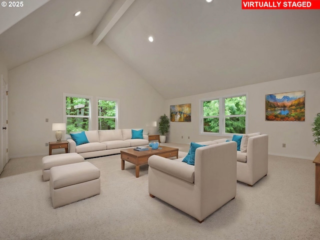 3165 SW Garden View Ave, Portland, OR 97225 - carpeted living room featuring high vaulted ceiling, beamed ceiling, recessed lighting, and baseboards