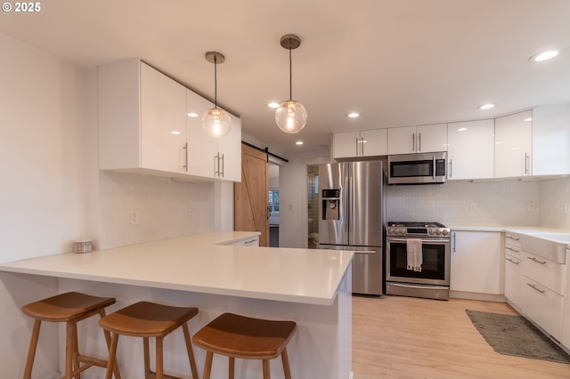 kitchen featuring stainless steel appliances, a barn door, white cabinets, modern cabinets, and a peninsula
