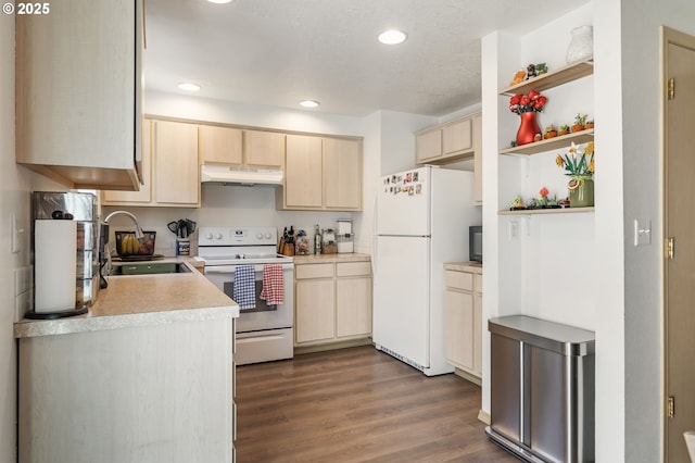 4000 NE 109th Ave Unit 169, Vancouver, WA 98682 - kitchen with white appliances, under cabinet range hood, light countertops, open shelves, and light brown cabinetry