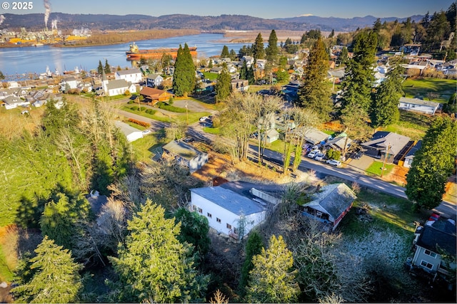 birds eye view of property with a water and mountain view