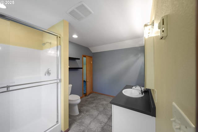 2111 Greenwood Ave, Reedsport, OR 97467 - full bathroom with toilet, vanity, lofted ceiling, a shower stall, and recessed lighting