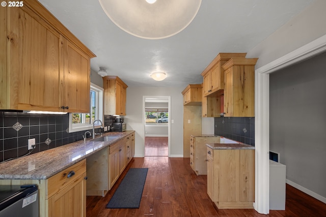 2111 Greenwood Ave, Reedsport, OR 97467 - kitchen with a sink, tasteful backsplash, dark wood finished floors, and baseboards