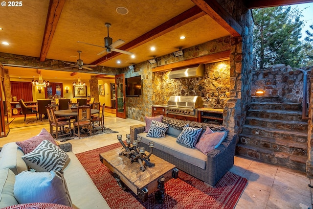 23021 Brushline Ct, Bend, OR 97701 - living room with beam ceiling, ceiling fan, and recessed lighting