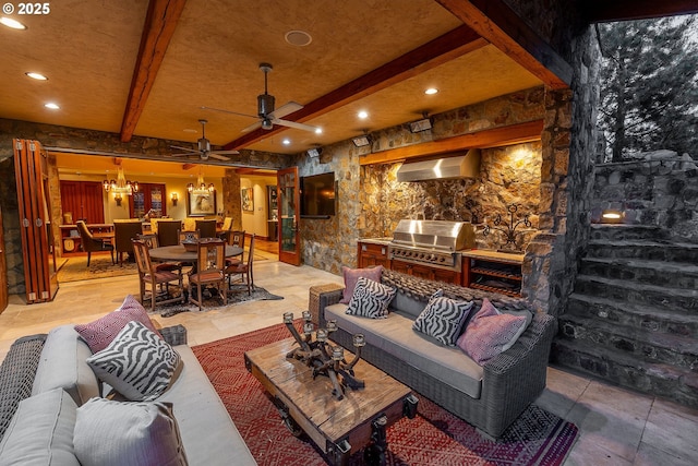 23021 Brushline Ct, Bend, OR 97701 - living area featuring beam ceiling, ceiling fan, and recessed lighting