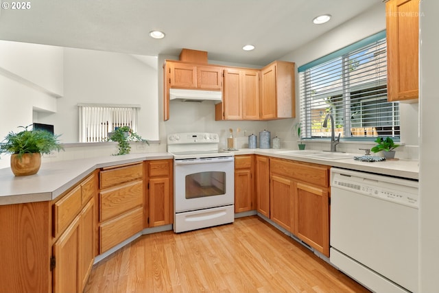 4744 SE Maxwell St, Hillsboro, OR 97123 - kitchen with white appliances, under cabinet range hood, a sink, light countertops, and recessed lighting