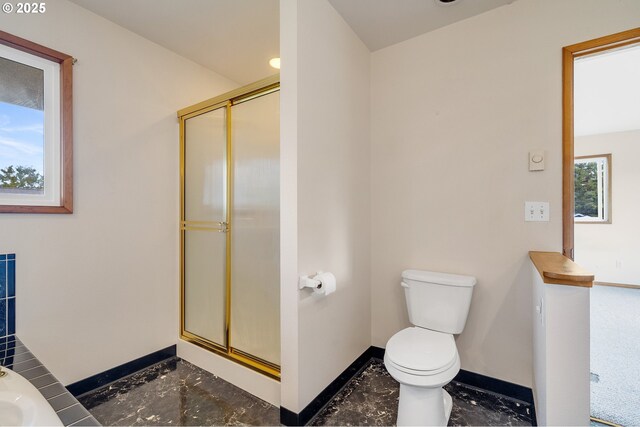 8095 Bewley St, Bay City, OR 97107 - full bathroom with baseboards, toilet, a stall shower, marble finish floors, and a bathtub