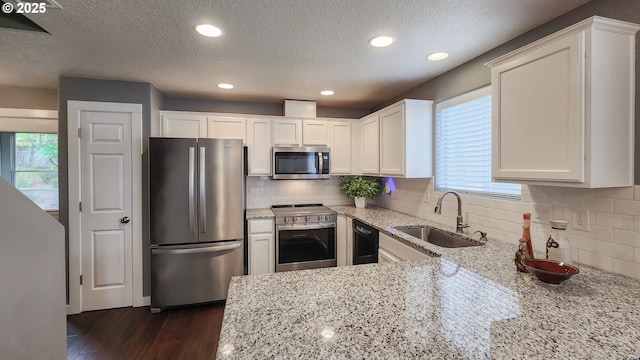 kitchen with dark wood-style floors, stainless steel appliances, a healthy amount of sunlight, a sink, and light stone countertops