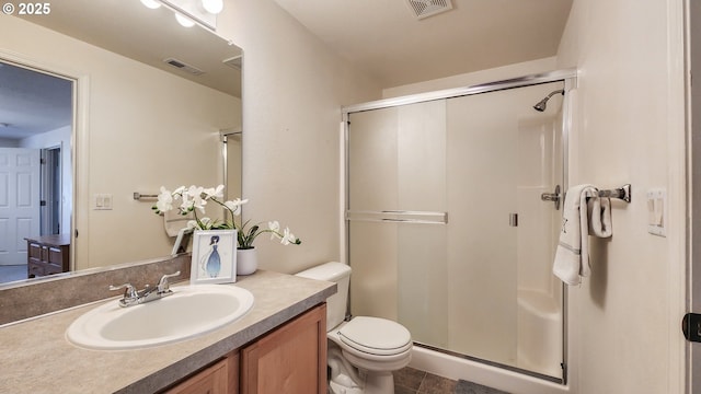 full bath with toilet, a shower stall, and visible vents