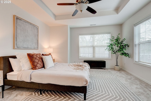 bedroom with multiple windows, a raised ceiling, and light carpet