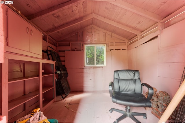 office space with vaulted ceiling with beams, wood ceiling, and light wood-style floors