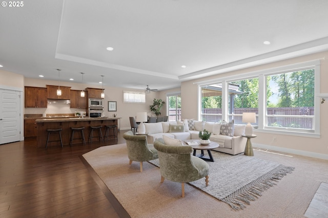 14609 NE 112th St, Vancouver, WA 98682 - living room with recessed lighting, dark wood-style flooring, a raised ceiling, and baseboards