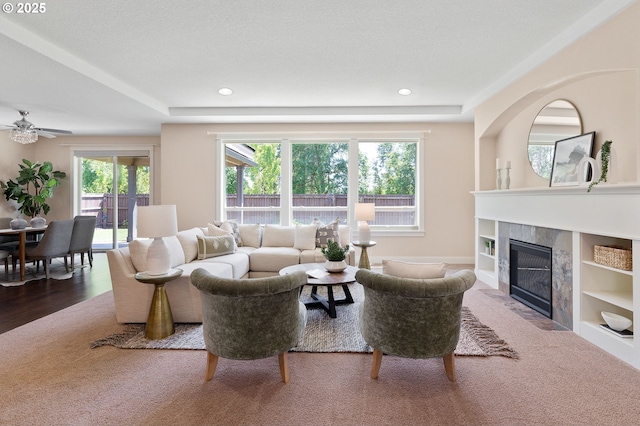 14609 NE 112th St, Vancouver, WA 98682 - living room with carpet, a ceiling fan, a fireplace, and recessed lighting