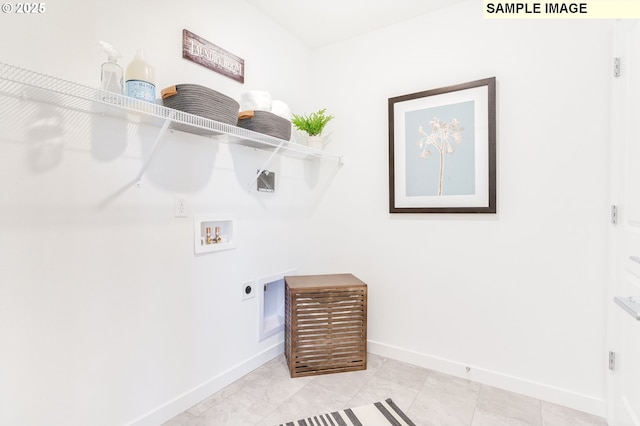 clothes washing area with laundry area, light tile patterned floors, baseboards, hookup for an electric dryer, and washer hookup