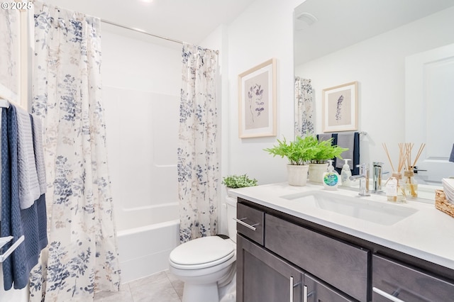 bathroom with shower / bath combination with curtain, vanity, and toilet