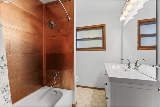 full bathroom featuring vanity, shower / bathtub combination with curtain, and toilet