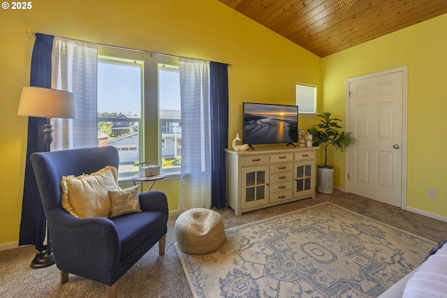 962 SW Waziyata Ave, Waldport, OR 97394 - living area featuring lofted ceiling, carpet floors, and wooden ceiling