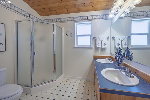 962 SW Waziyata Ave, Waldport, OR 97394 - full bath featuring double vanity, a stall shower, tile patterned floors, and wooden ceiling