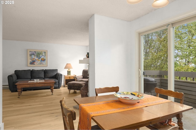 dining area with a baseboard radiator, light wood finished floors, and a textured ceiling
