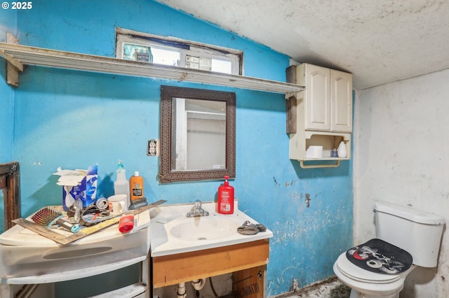 bathroom featuring toilet, vanity, a textured ceiling, and vaulted ceiling