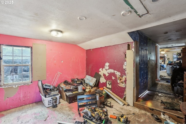 misc room featuring vaulted ceiling and a textured ceiling