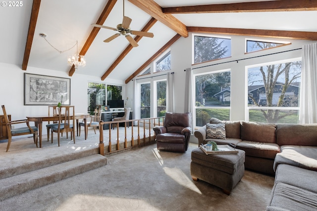 living area with beam ceiling, an inviting chandelier, carpet, and high vaulted ceiling