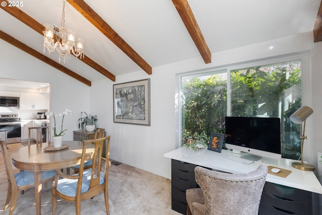 dining area with light carpet, lofted ceiling with beams, and an inviting chandelier