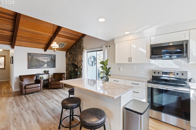 kitchen featuring a kitchen island, vaulted ceiling with beams, wood ceiling, appliances with stainless steel finishes, and white cabinetry