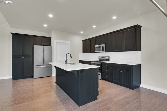 kitchen featuring stainless steel appliances, a breakfast bar, a sink, decorative backsplash, and light wood finished floors