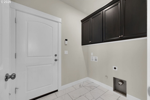 washroom with washer hookup, baseboards, marble finish floor, cabinet space, and electric dryer hookup