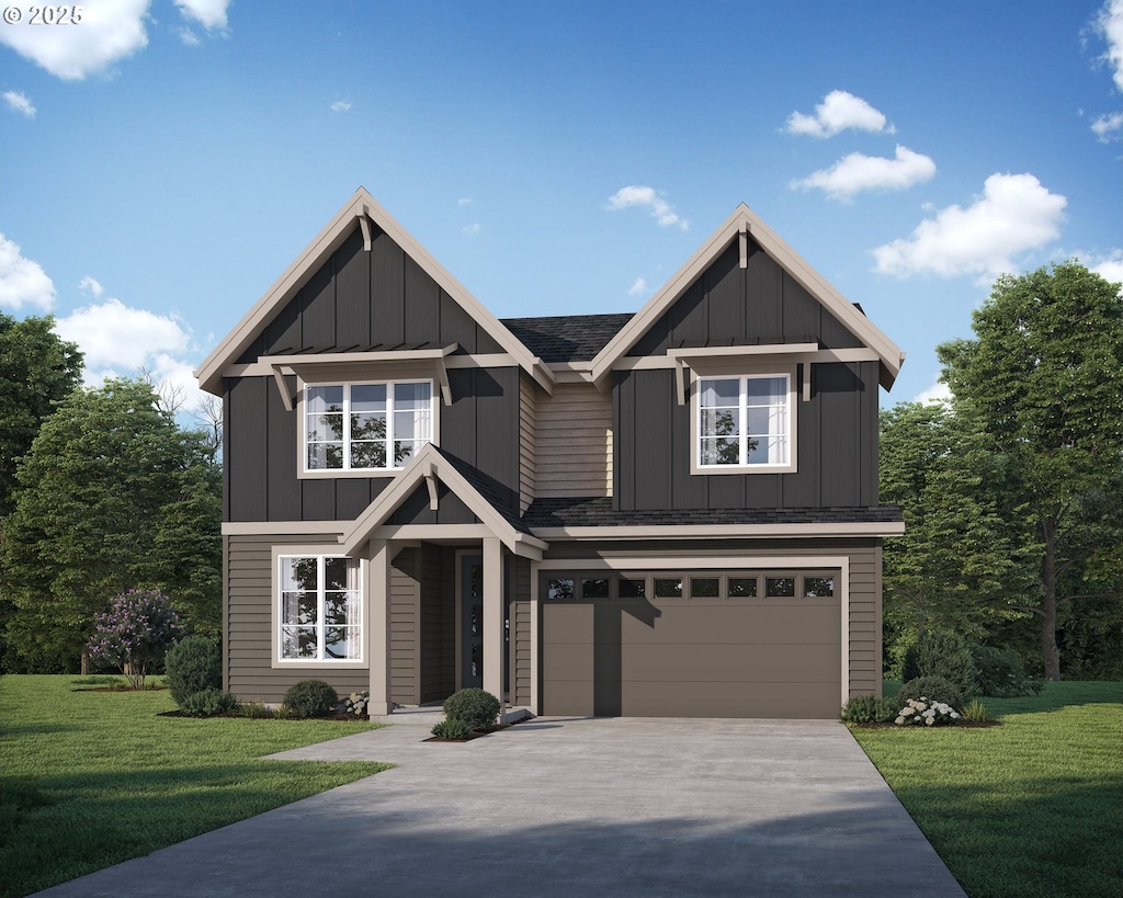 craftsman-style house featuring a garage and a front lawn