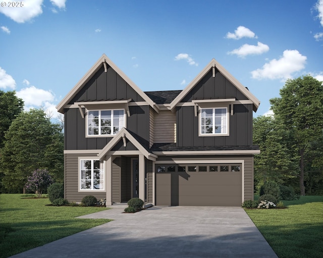 craftsman-style house featuring a garage and a front lawn