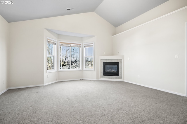 unfurnished living room featuring carpet, visible vents, a fireplace, and lofted ceiling