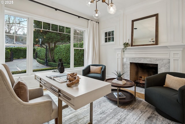 living area featuring wood finished floors and a premium fireplace