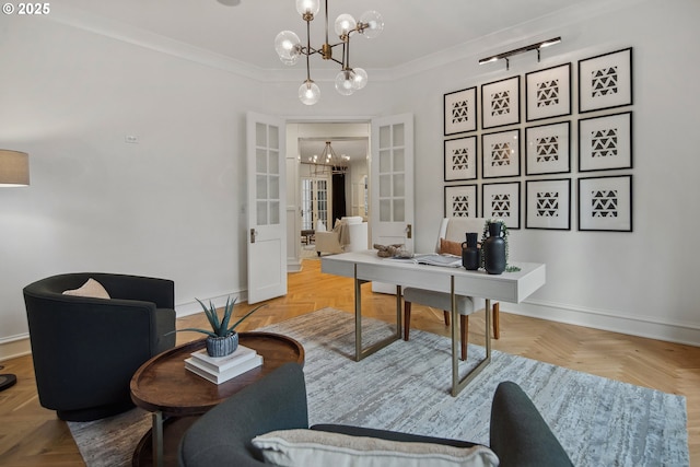 office space with parquet floors, crown molding, and a chandelier