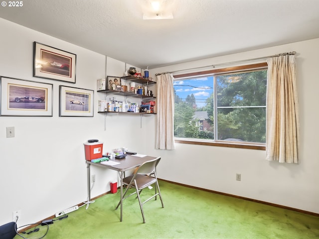 office area featuring a textured ceiling, carpet, and baseboards