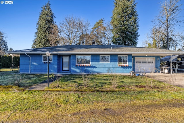 ranch-style home with a garage and a front yard