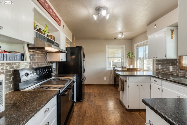 kitchen featuring black appliances, a textured ceiling, white cabinetry, dark wood-type flooring, and backsplash