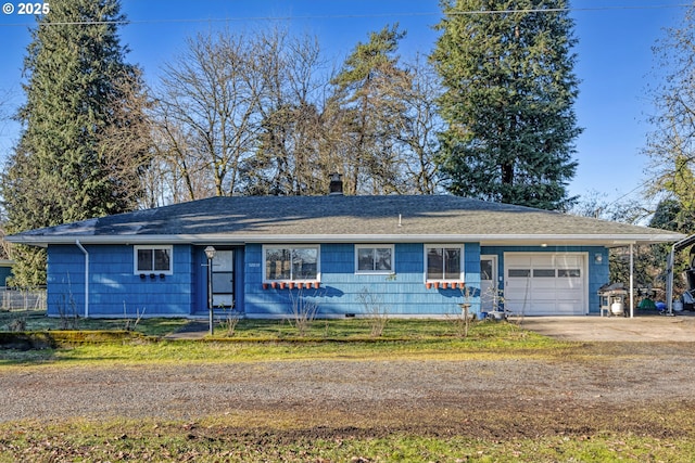 ranch-style house with a front yard and a garage